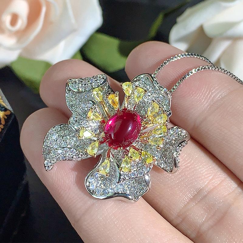 Set Accessories Bright Ruby Flower Ring Necklace Earrings High-end Light Luxury Fashion Women's