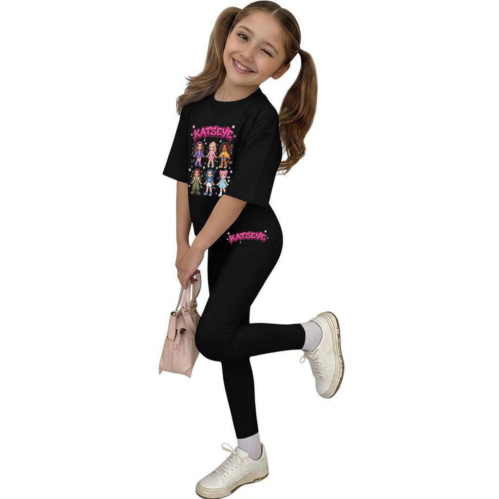 Kids Girls Printed T-Shirt and Pants Set, Casual Loose Fit, Round Neck, 2-Piece Outfit