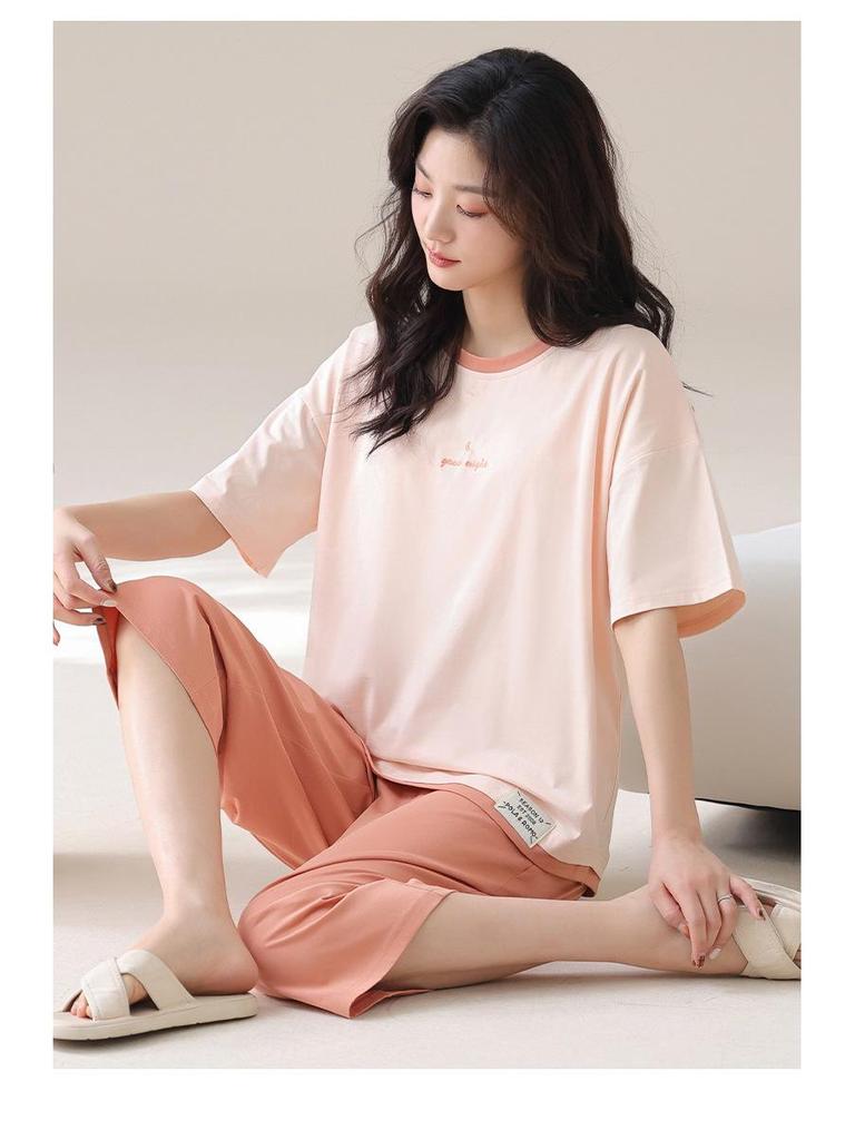 Women's Cotton Cartoon Girl Pajama Set - Short Sleeve & Capri, Wearable Outdoors