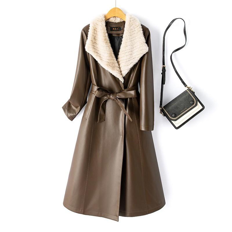 Womens Mid-Length PU Leather Trench Coat Over Knee Fall Winter Outerwear Elegant Office Style Plus Size