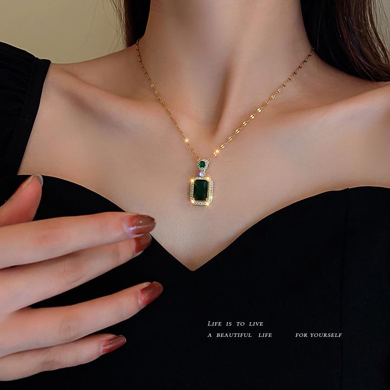 Vintage Silver Needle Zircon Emerald Earrings & Necklace Set: Elegant Artificial Crystal Stud Earrings with Luxury Clavicle Chain for Women