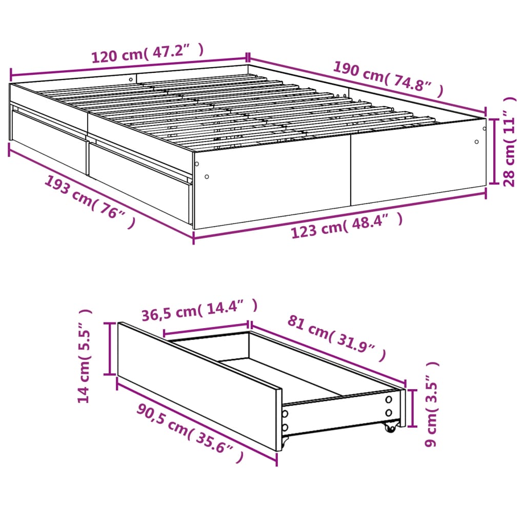 Bed Frame with Drawers Sonoma Oak 120x190 cm Particleboard