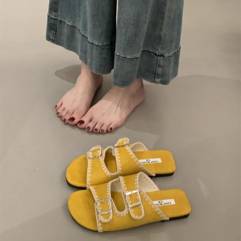 Thick-soled lace Birkenstock sandals women's 2025 new summer wear non-slip square head belt buckle one-word beach shoes