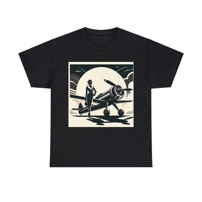Unisex Erwachsenen T-Shirt Art Deco Fliegerin mit Vintage Flugzeug Design Stilvolles T-Shirt