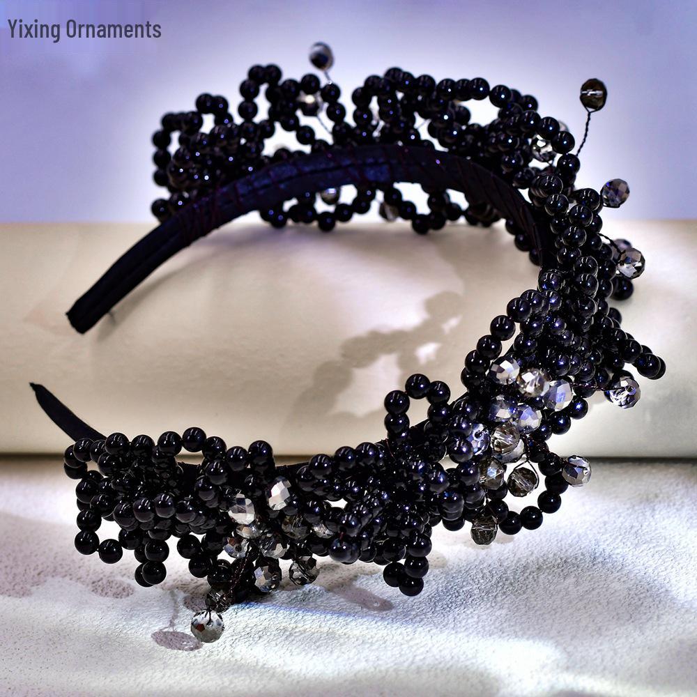 Black Beaded Crystal Headband & Clip Set - Classic, Versatile Hair Accessories A15
