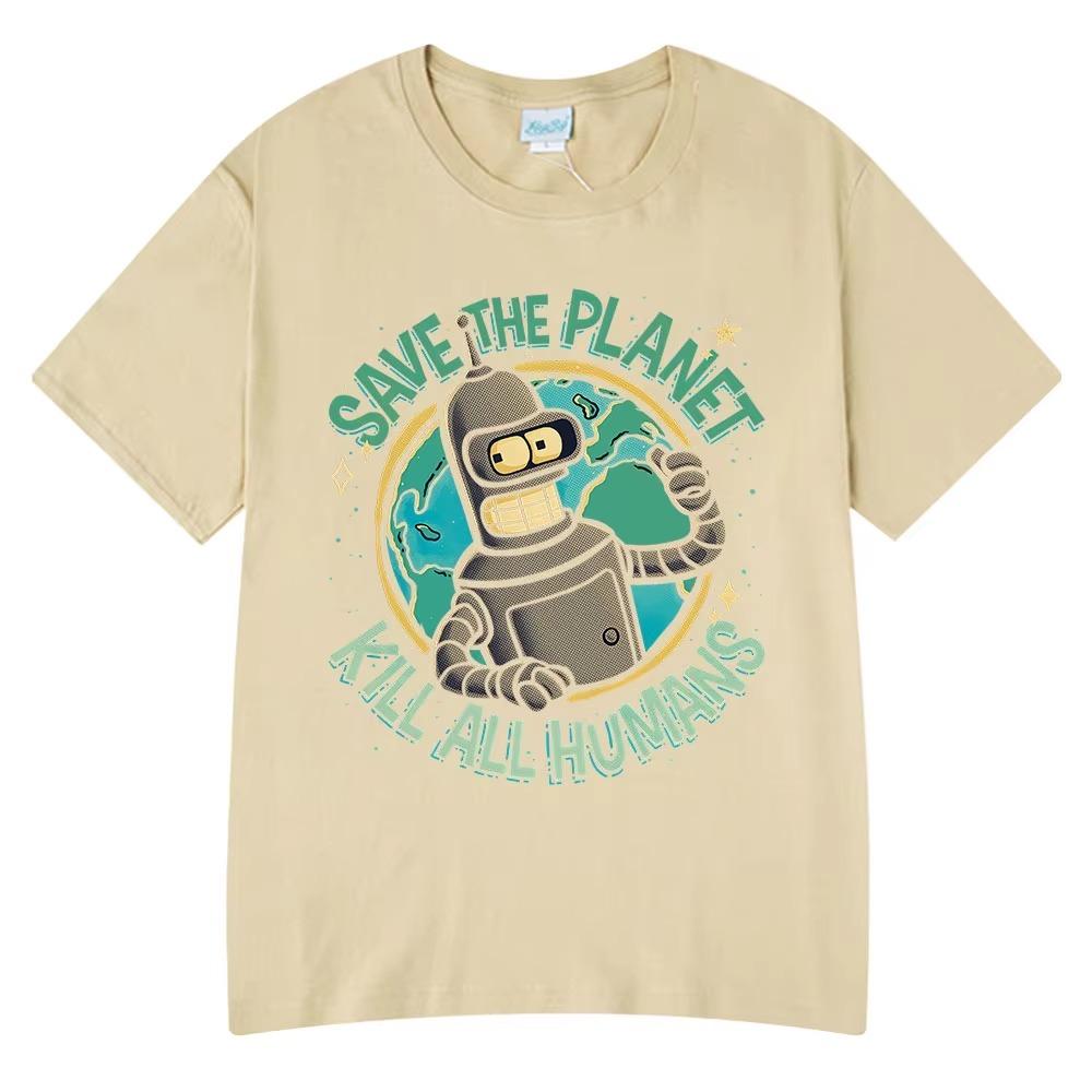 Funny Save The Planet Kill All Humans Robot Graphic Print T Shirt Men's Women Fashion Short Sleeve T-shirt Oversized  Tees