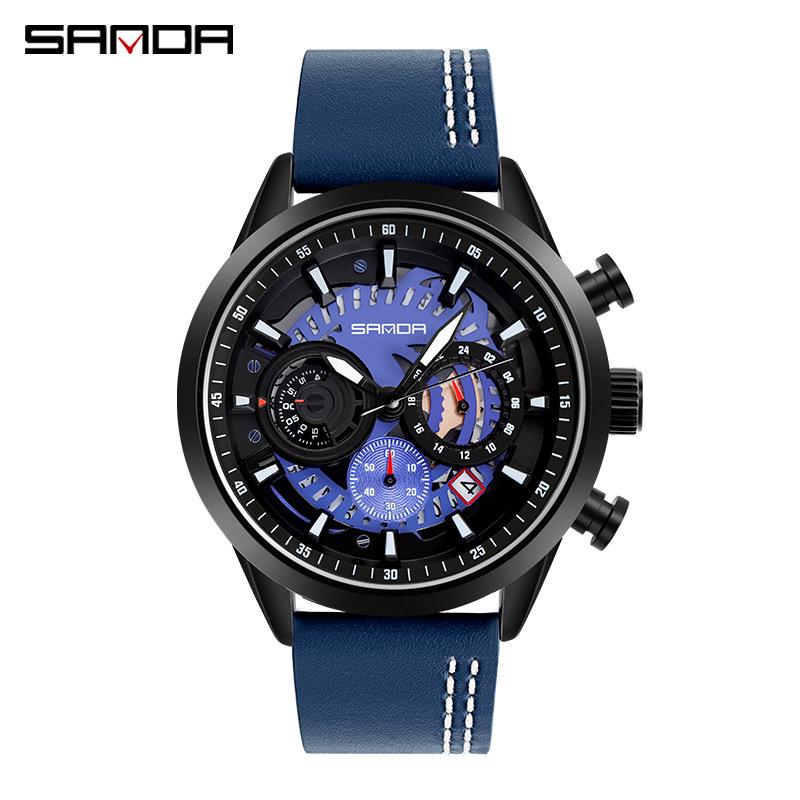 Sanda Cool Large Dial Six-Needle Waterproof Men's Watch with Genuine Leather Strap - Trendy and Fashionable Design.