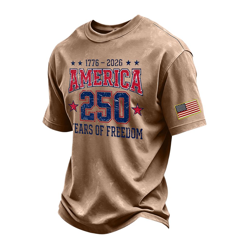Men's Vintage Washed Crew Neck Short Sleeve T Shirt America 250 Years of Freedom Independence Day Graphic Tee Casual Fit