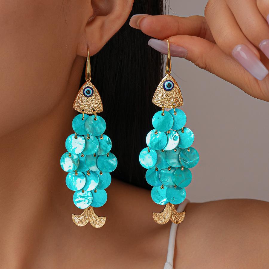 Shell Round Triangular Eyes Fish-shaped Tassel Ear Hook Exaggerated High-end Unique Earrings
