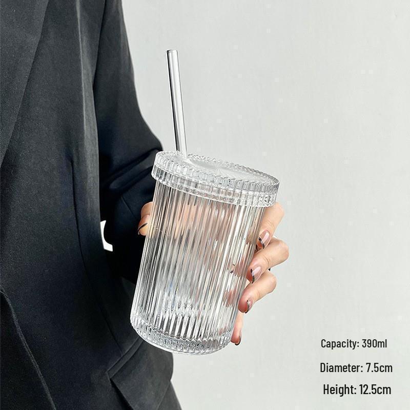 

OLOEY Vertical Stripe Glass Drinking Cup with Straw