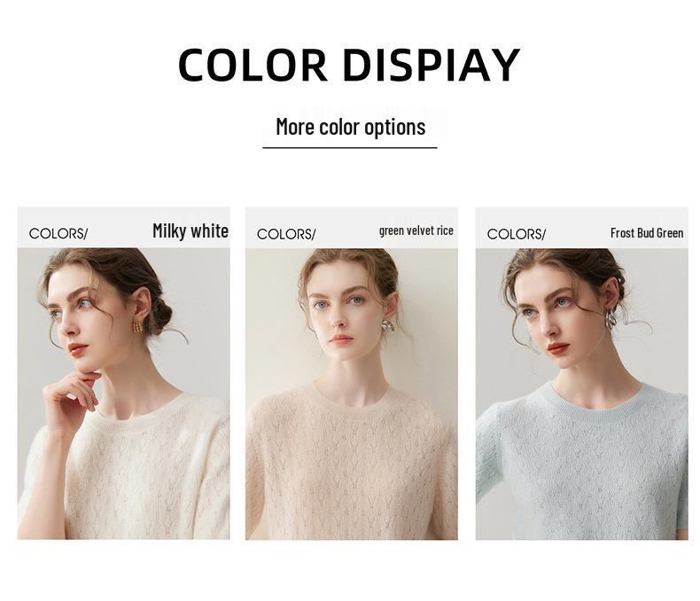 Lekasha 100% Pure Cashmere Round Neck Hollow Knit Short Sleeve T-Shirt