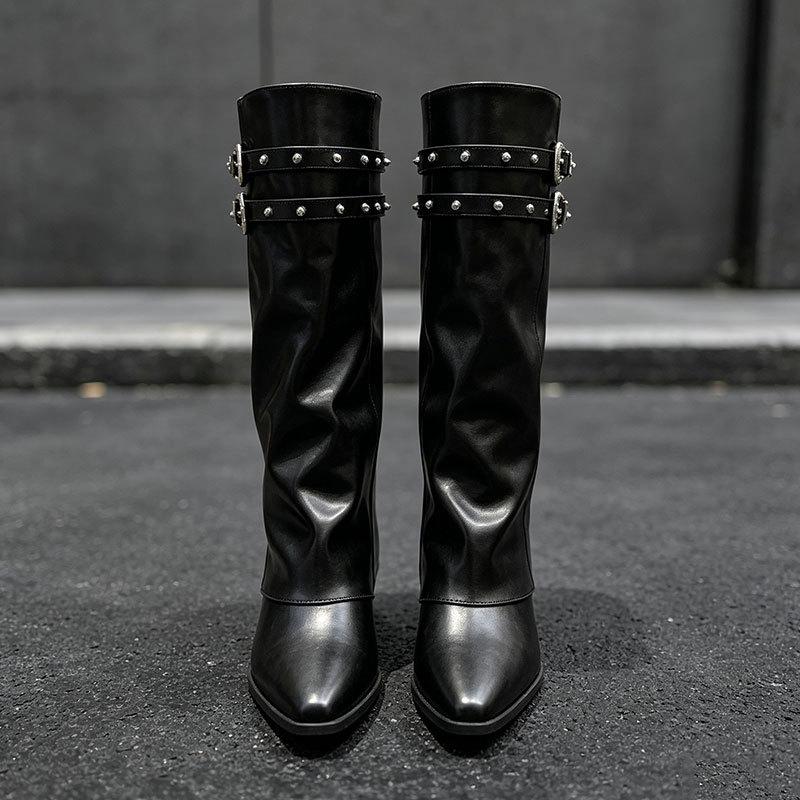 Locomotive Spice Vintage Rivet Knight Boots Skinny Boots Pile Boots Long Boots Small Women's Boots Pants Boots