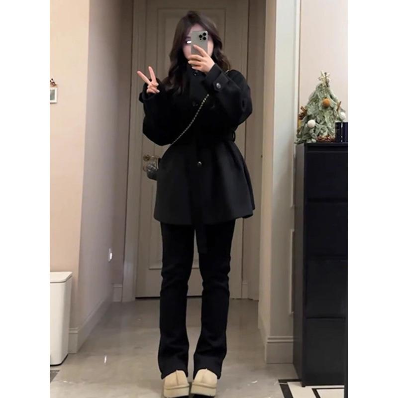 

Темпераментное пальто из шерсти на талии, женское зимнее маленькое толстое укороченное шерстяное пальто черного цвета L чёрный