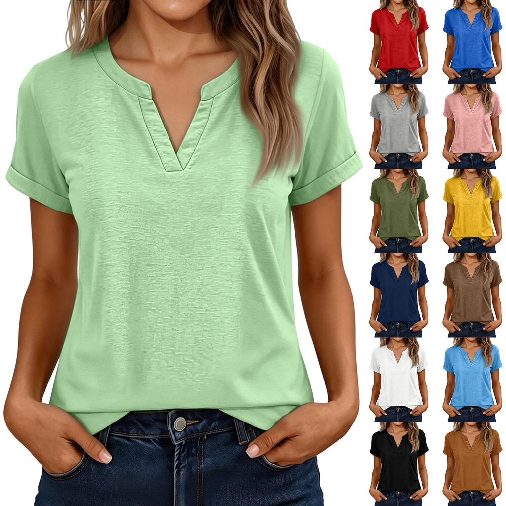 Women's Casual Solid Color V Neck Short Sleeve Top Lightweight Breathable Linen Cotton Blend Shirt for Daily Wear