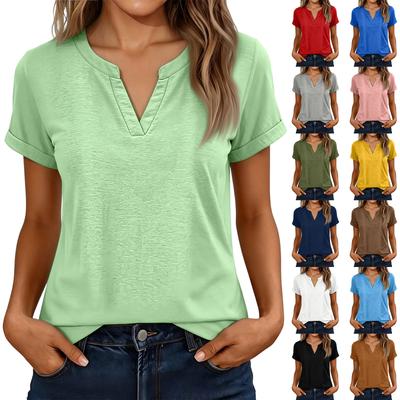 Women's Color V-Neck Short Sleeve Top, Cotton Linen Fabric, Casual Blouse for Summer, Soft and Breathable