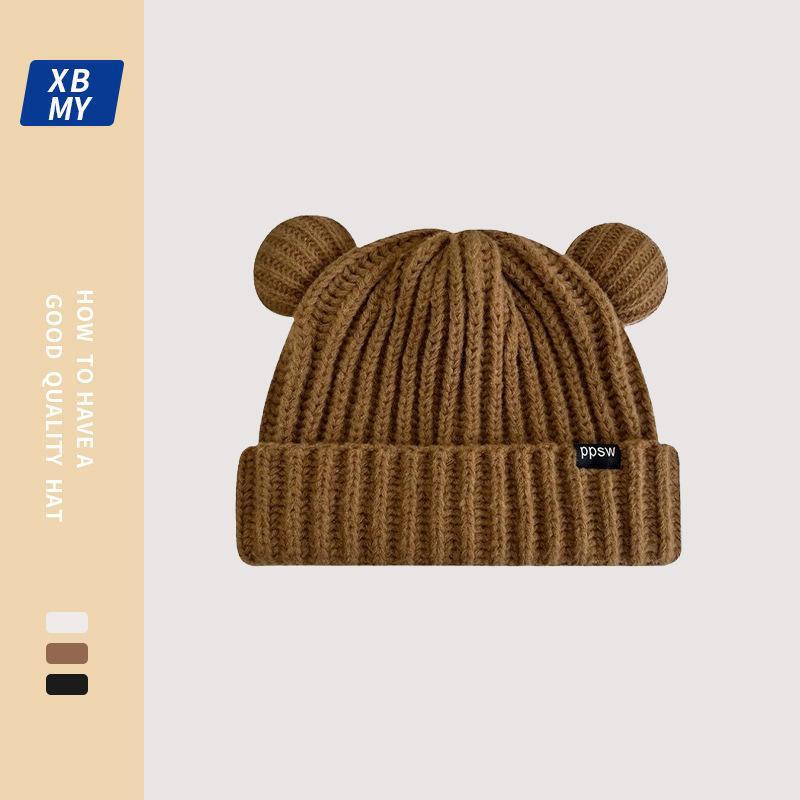 Bear Ear Hat Female Winter Cute Big Head Circumference Knitted Wool Hat Thickened Warm Ear Protector Head Cold Hat