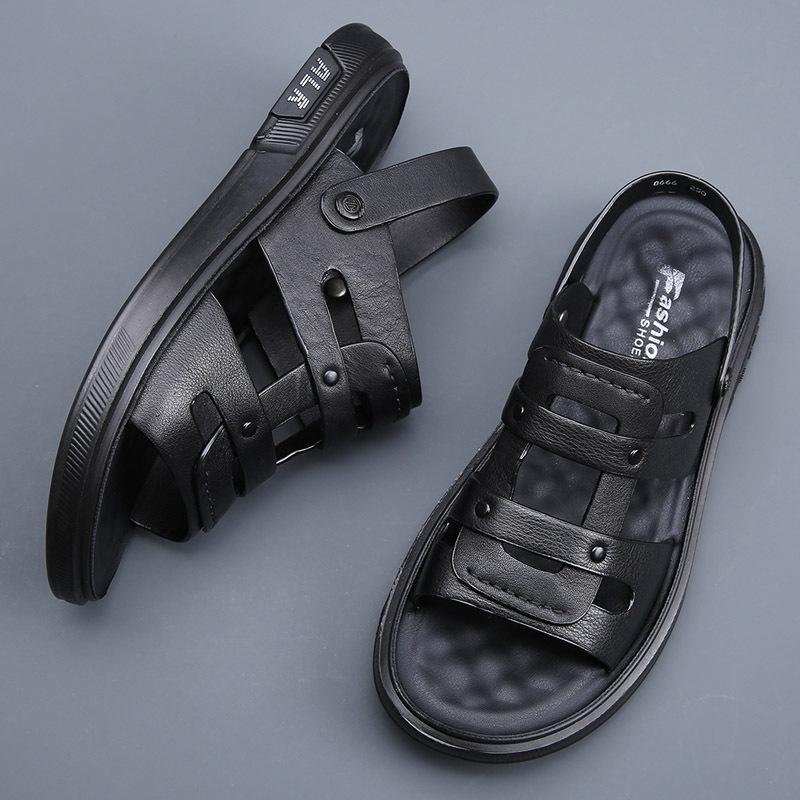 

Roman first-layer whole cowhide summer breathable and deodorant high-end leather new sandals men s dual-purpose beach cool slippers 38 чорний