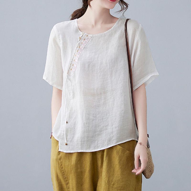 Pull Manches Courtes Chemise Coton Lin Femme Littéraire Rétro Brodé Haut T-shirt Été