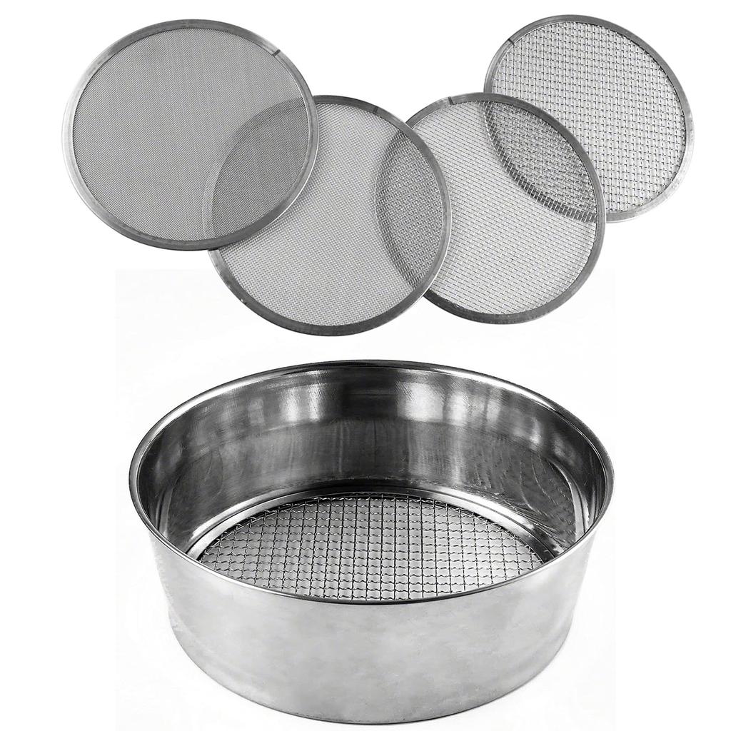 Stainless Steel Soil Sifter Set for Gardening 8 Inch Diameter with 4 Interchangeable Mesh Sizes 0.7/1/3/5mm