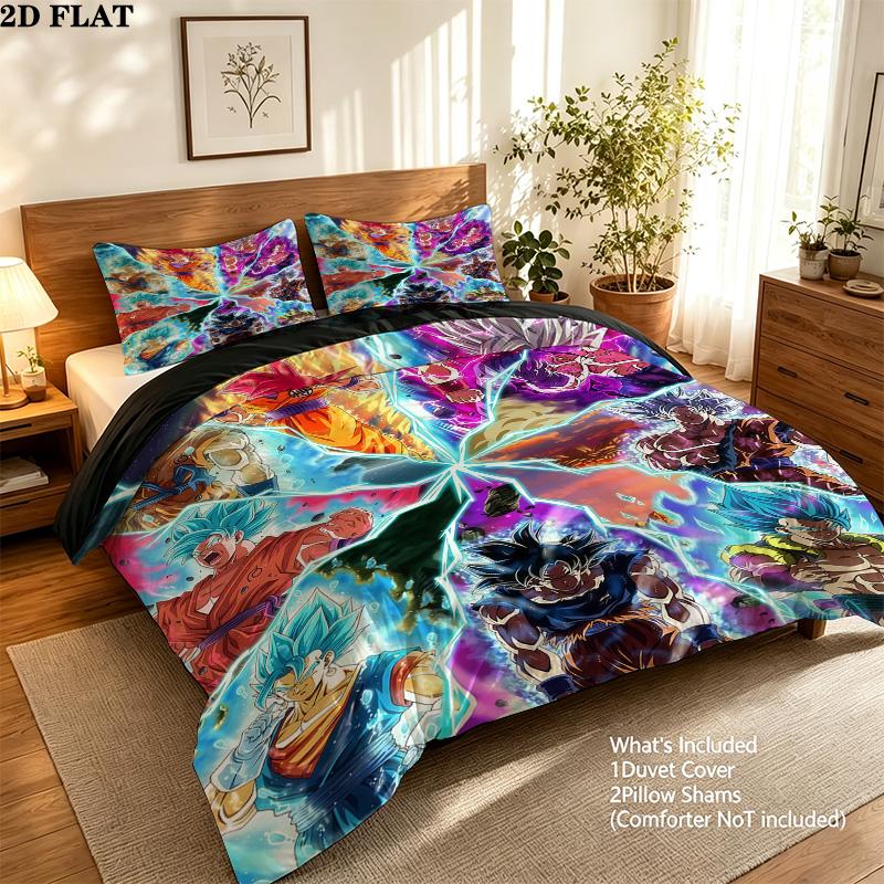 Dragon Ball Super Muster Bettwäsche Steppbett Set Bettbezug Kissenbezug Zuhause Geburtstagsgeschenk(1 Bettbezug + 2 Kissenbezüge, ohne Füllung)