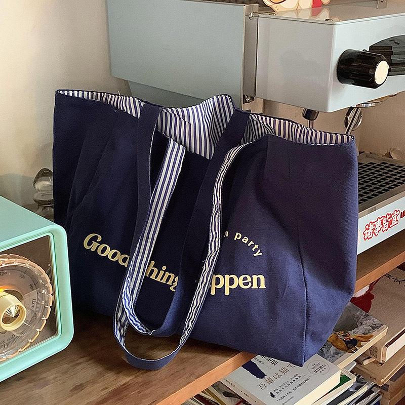 Large-capacity Tote Bag Striped Single-shoulder Bag Lettered College Student Canvas Bag Women's Commuting Bag