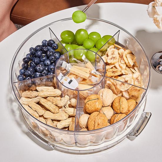 Dry Fruit Plate Rotating Snack Tray with Lid Handle 6-Compartment Divided Serving Platter Indoor Outdoor Dishwasher Safe Snack Server