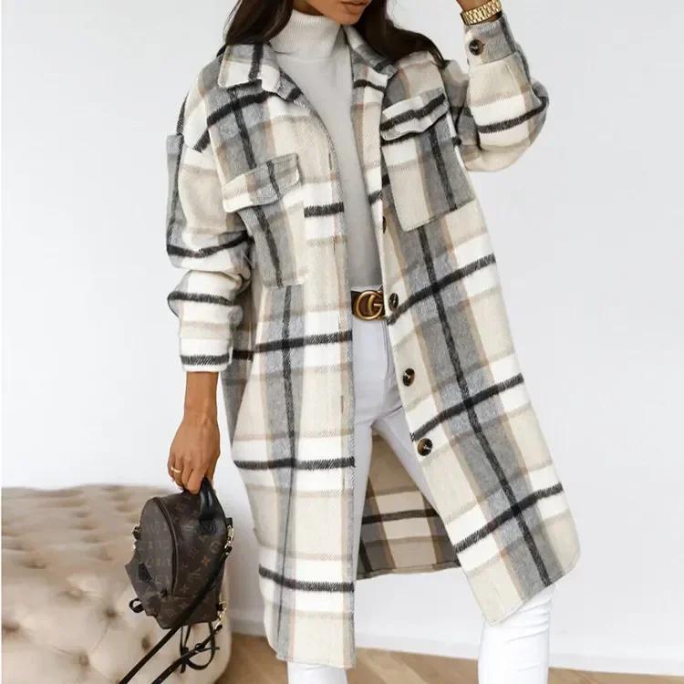 Women's Single Breasted Trench Coat Fashion Long Autumn Winter Women's Clothing Long Sleeve Woolen Plaid Overcoat Coat