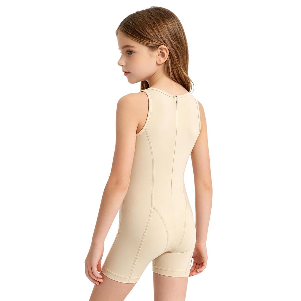Kids Girls Gymnastics Dance Bodysuit Round Neck Sleeveless Back Invisible Zipper Thigh Length Jumpsuit for Practice Training