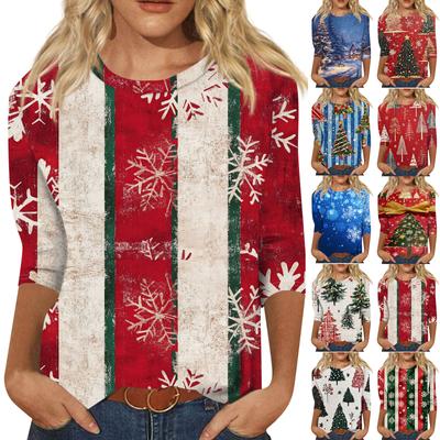 Damska modna, swobodna, siedmioramienna, świąteczna, okrągła, nadrukowana bluzka z okrągłym dekoltem