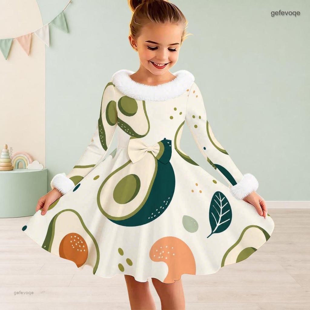 Girls High Neck Long Sleeve Avocado Printed A Line Flared Dress With Fuzzy Collar Cuffs And Bow Waist