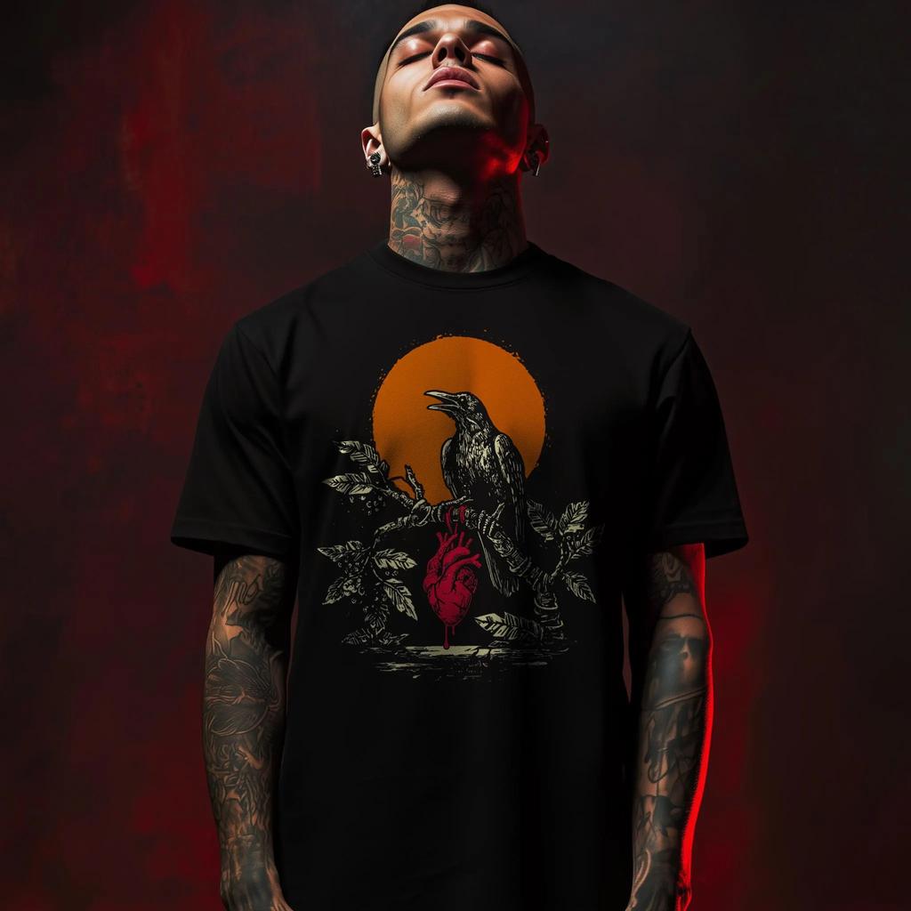 Dark Style Bleeding Dawn Tee  Heart  Crow  Raven Summer Mens and Womens Loose and Breathable Tshirt Top
