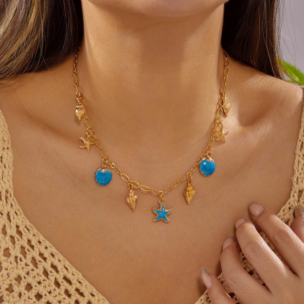 Boho Starfish Scallops Pendant Necklace for Women Ocean Seahorse Pearl Metal Chain Choker Beach Party Aesthetic Jewelry Gifts