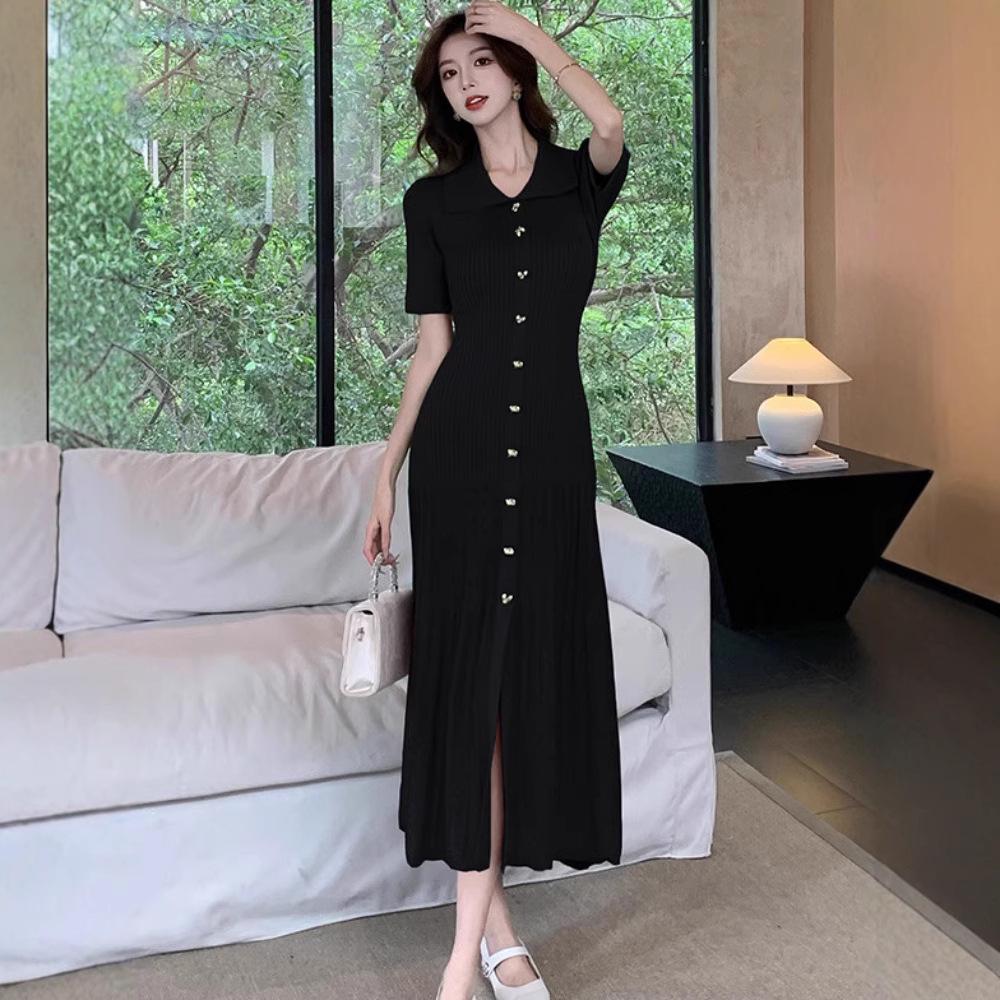Pleated Fishtail Green Polo Dress: Women's Retro Summer Knit with Slit Design