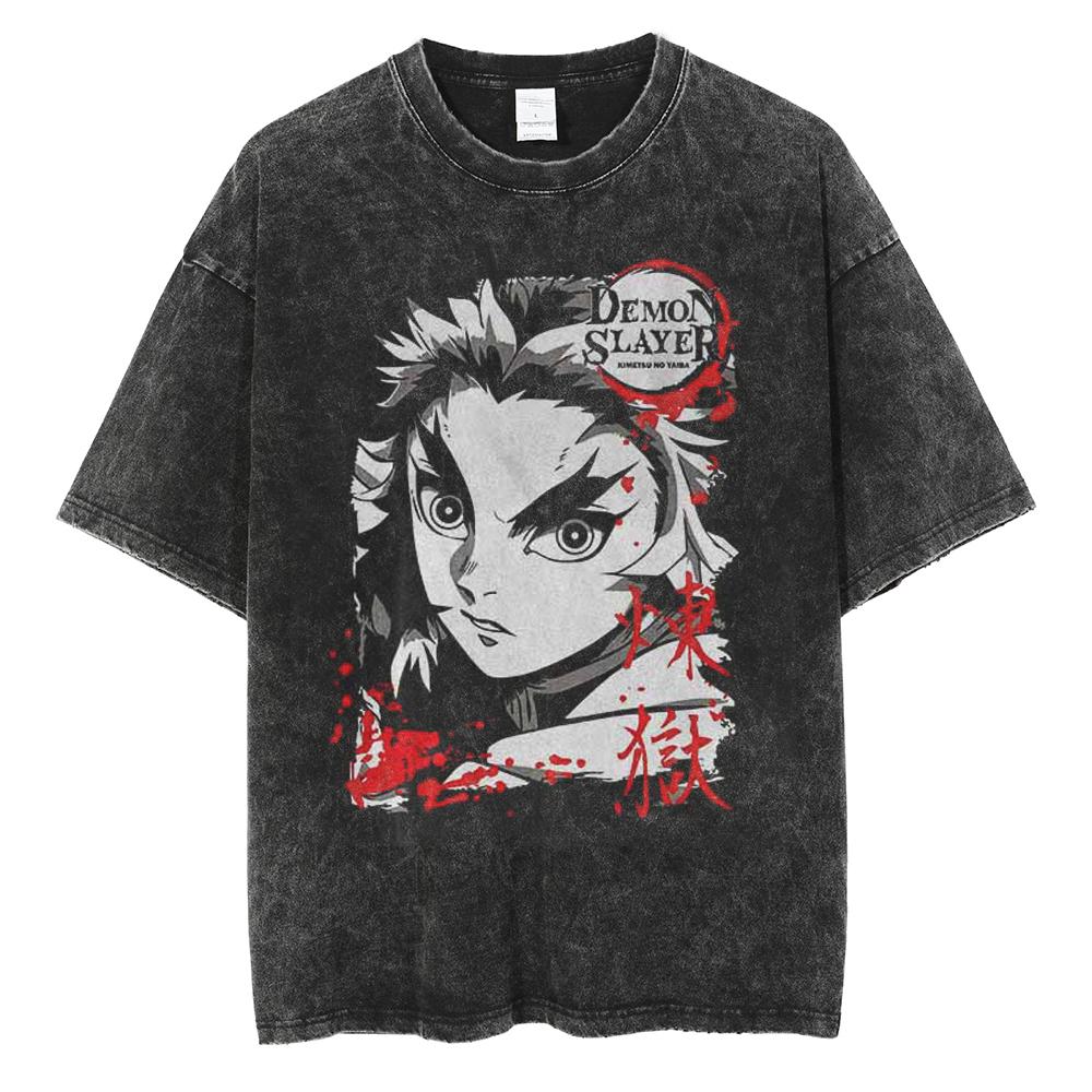 Anime Demon Slayer Rengoku Kyoujurou Print T Shirt Men Women Washed Cotton Tshirts Manga Tee Harajuku Male Casual Loose T-shirt