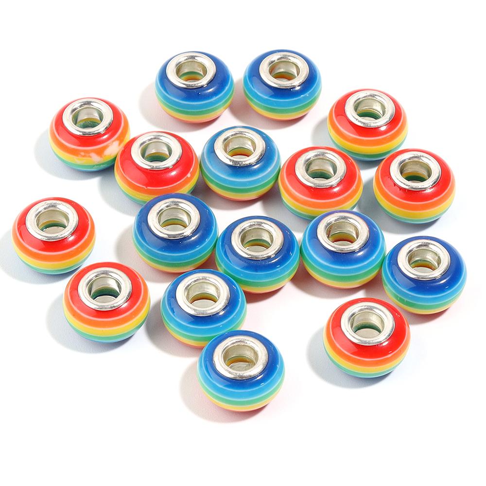 20pcs 14x8.5mm Resin Beads Rainbow Stripe Flat Round Big Hole Loose Beads For Jewelry Making DIY Bracelets Necklace Accessories