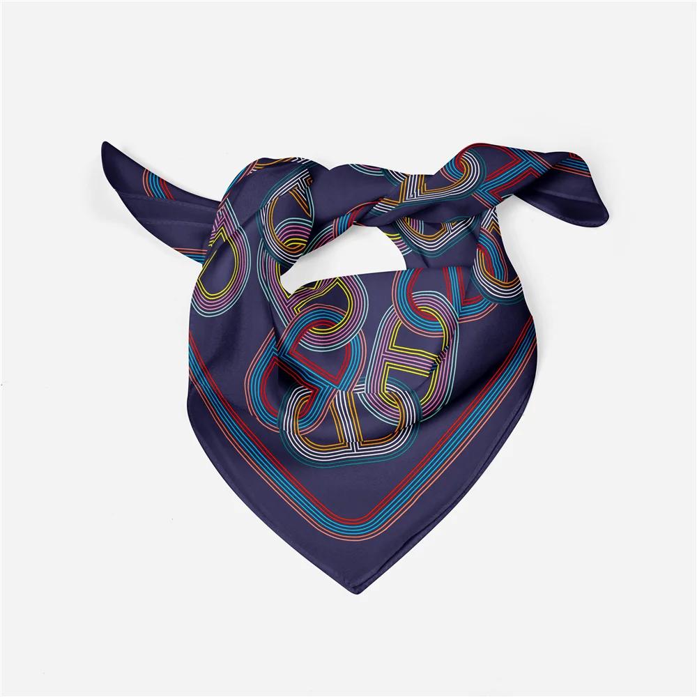 Twill Silk Scarf Woman Chain Print Square Scarves Wraps Bandana Small Hijab Foulards Lady Tie Headband Neckerchief 53CM