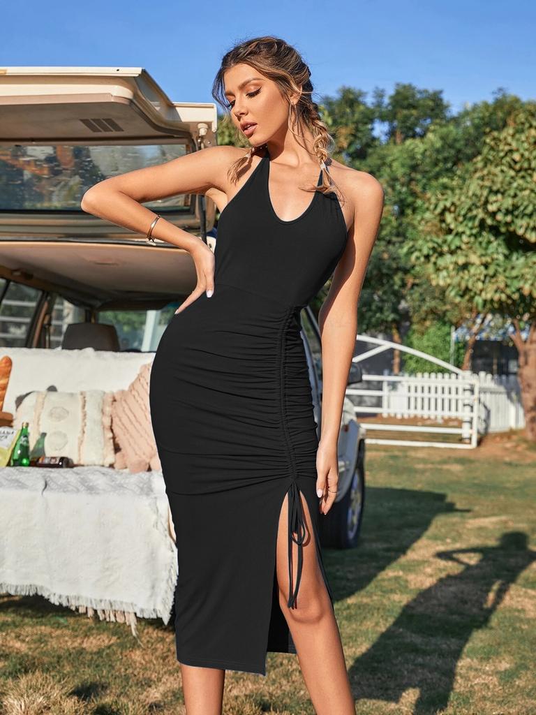 Spice girl style neck dress, drawstring split open back slim and thin hip dress female summer