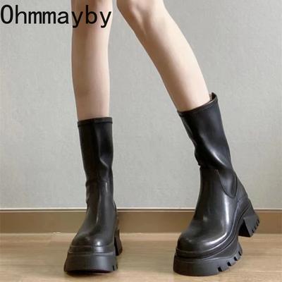 Plateau Damen Mid-Calf Stiefel Mode Weiche Lederschuhe Herbst Winter Dicker Absatz Damen Kurze Stiefeletten