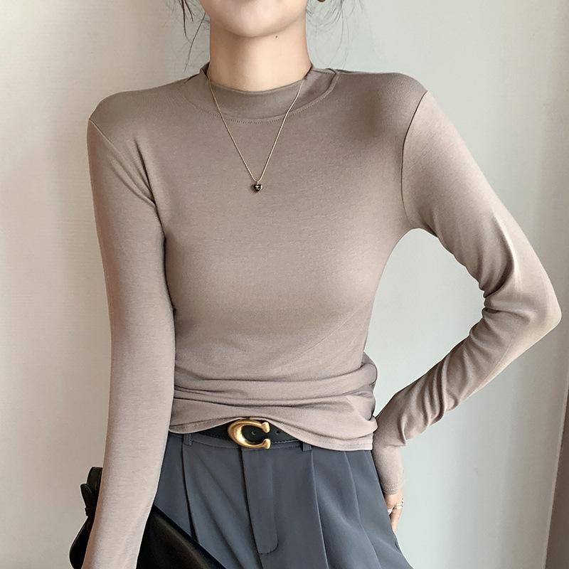 Women's Long Sleeve T-Shirt Base Layer Solid Color Undershirt with Half-High Neck Crew Neck and Small Stand Collar