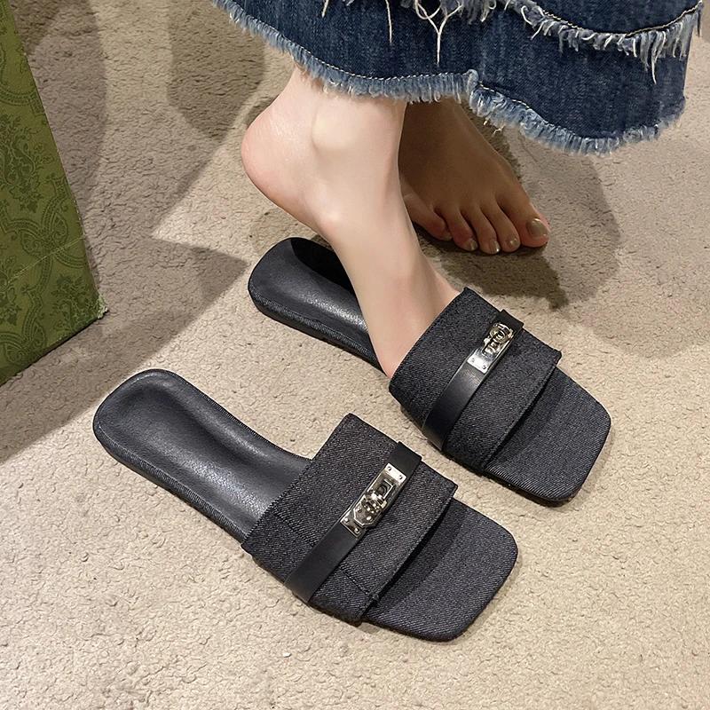 Women's Shoes  Fashion Peep Toe Women's Slipper  Metal Decoration Daily Slippers Women New Plus Size Flat Slippers