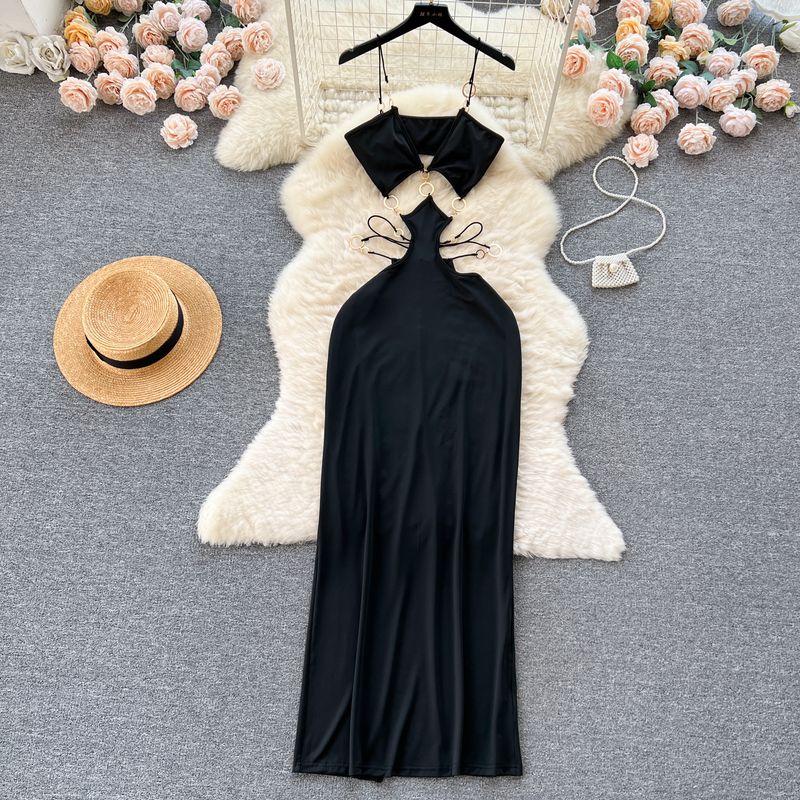 

European and American Sexy Ring Low Cut Open Back Sling Dress Black S