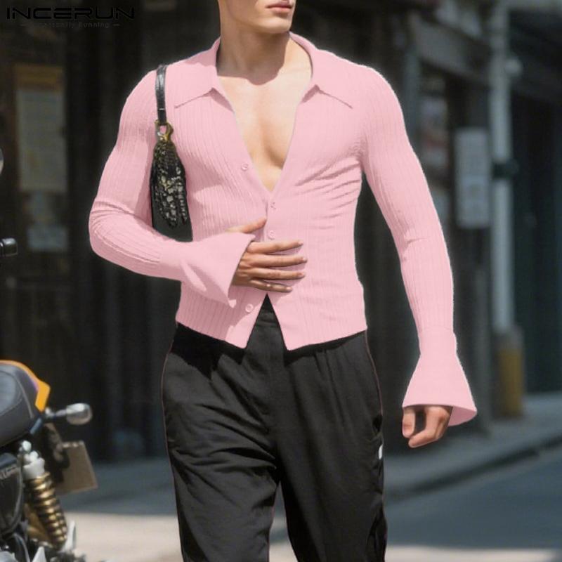 INCERUN Autumn Men Lapel Neck Long Sleeve Ribbed Casual Fitted Cropped Tops Undershirts