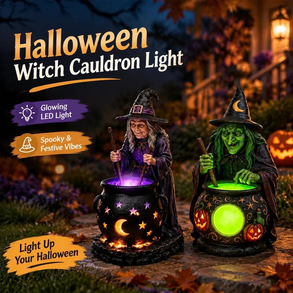 Pryskyřičný kotel čarodějnice Zahradní kolík Světlo Halloweenová výzdoba dvorku Výřez Měsíc Hvězda Voděodolný Teplá záře