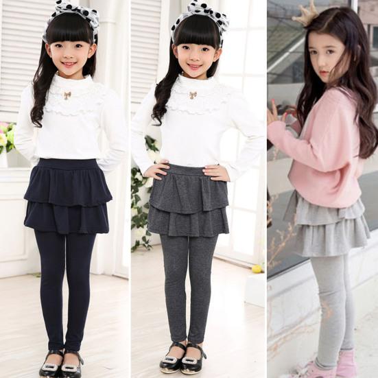 Girl Culottes Mid-rise Ruffle Hem Solid Color Girl Skort Solid Color Elastic Slim Fit Bottoms Daily Wear