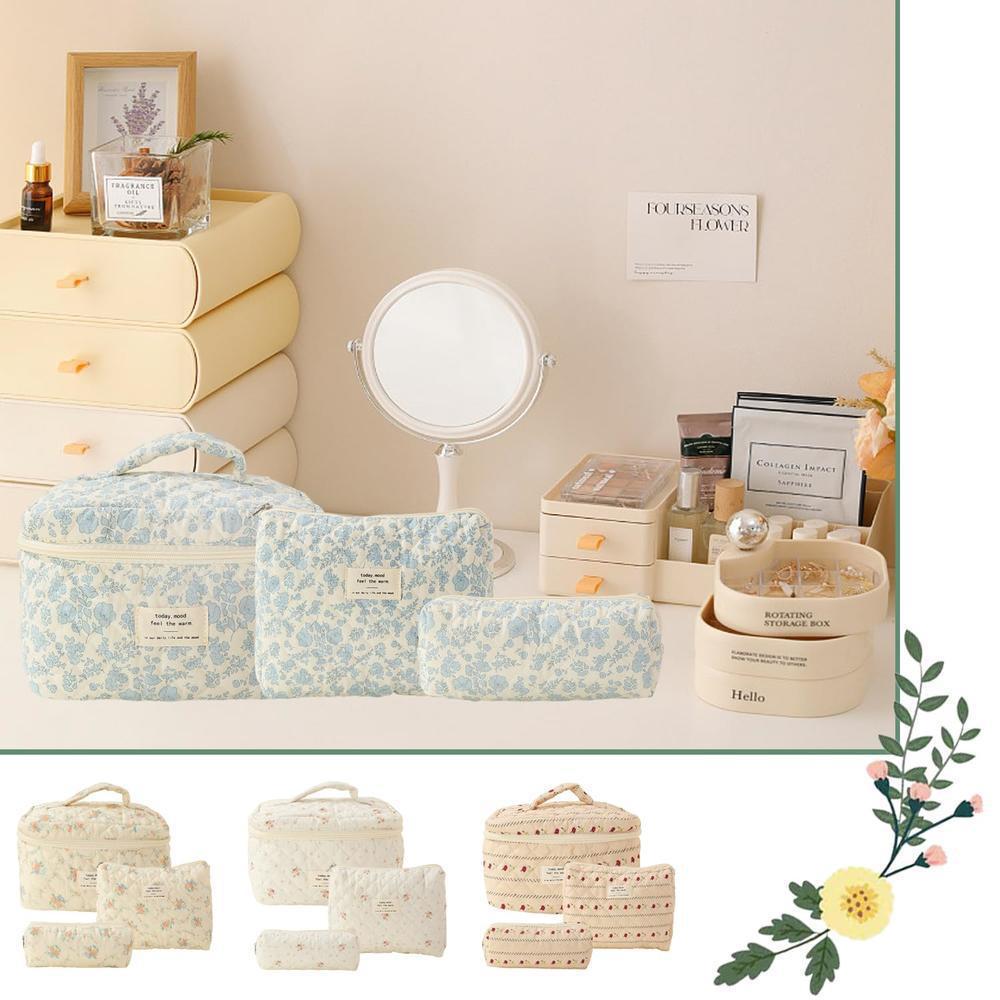 Three-Piece Floral Large-Capacity Makeup and Travel Bag Set