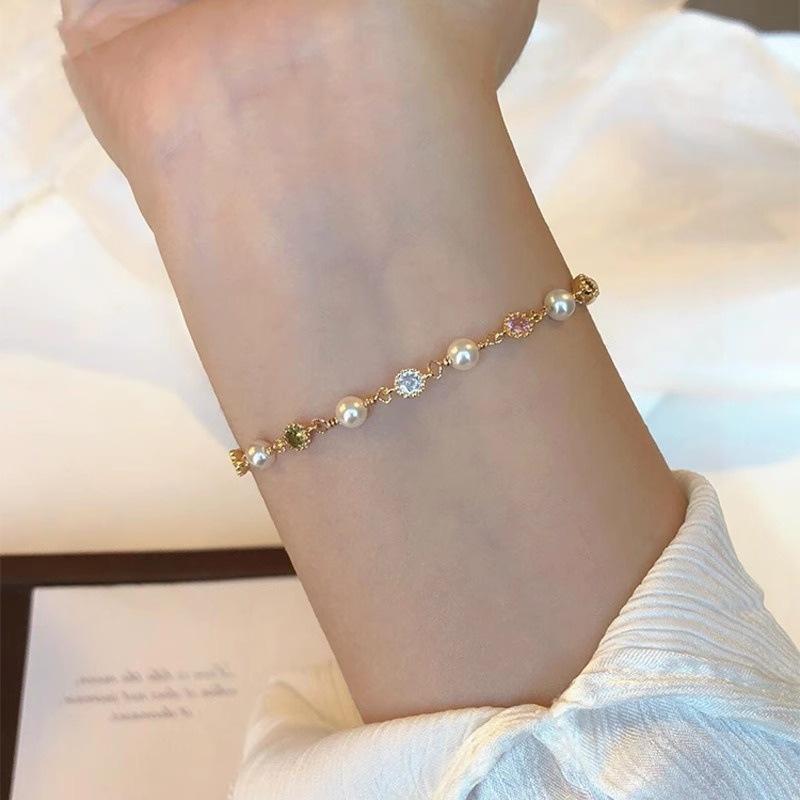 Sweet Colourful Zirconia Pearls Chain Bracelet for Women Girl Summer Fashion New Jewelry Gift Party Pulseras Mujer