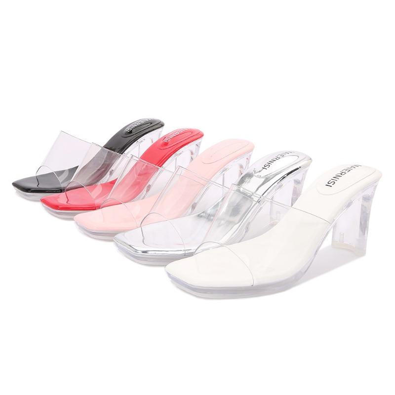 Kryształowo Przezroczyste Klapki z Kwadratowym Noskiem Damskie Buty Nowe 2024 Lato Damskie Modne Sandały Wysokie Obcasy do Noszenia na Zewnątrz