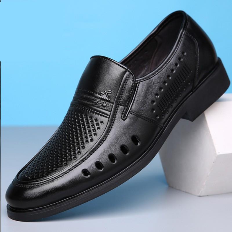 Mens Genuine Leather Breathable Dress Sandals Slip-On Business Casual Shoes With Rubber Sole