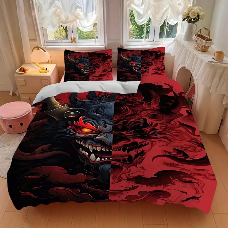3pcs Anime Demon Mask Comforter Set with 1 Quilt Cover and 2 Pillowcases (No Core) - Home Decor, Festival Gift, Polyester Fabric, Anime Cartoon Design