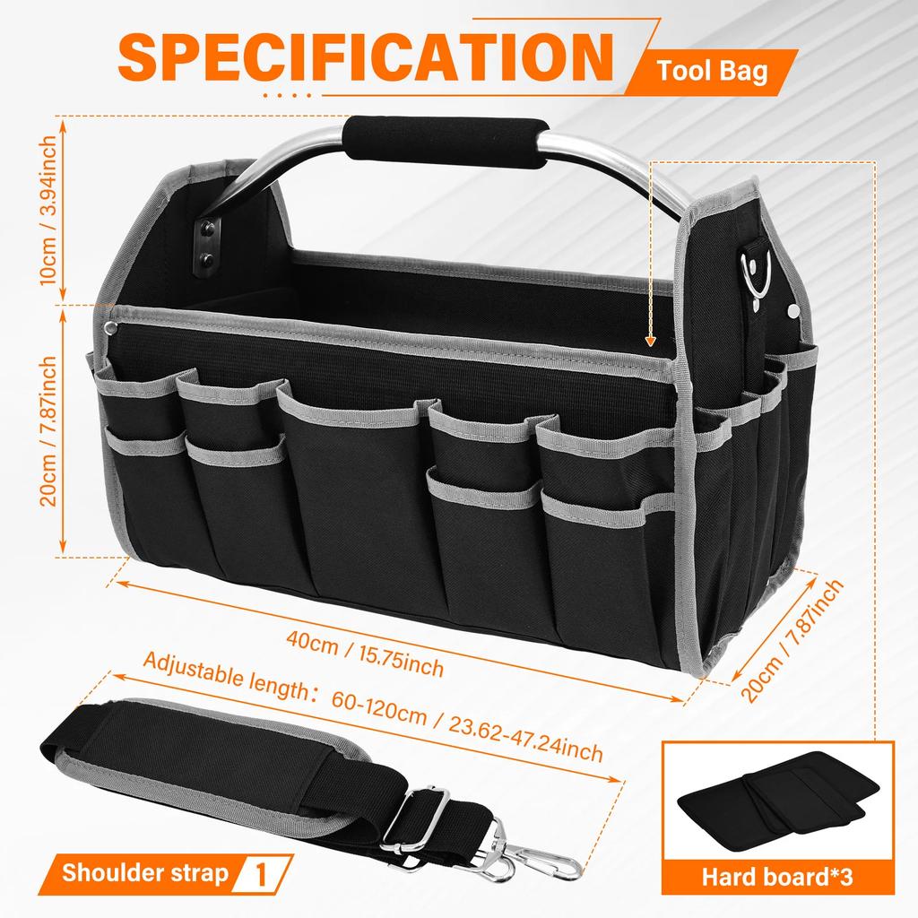 Electrician Open Tote Bag Oxford Waterproof Tool Tote Bag with Handle and Adjustable Shoulder Strap Portable Plumbers Tool Bag